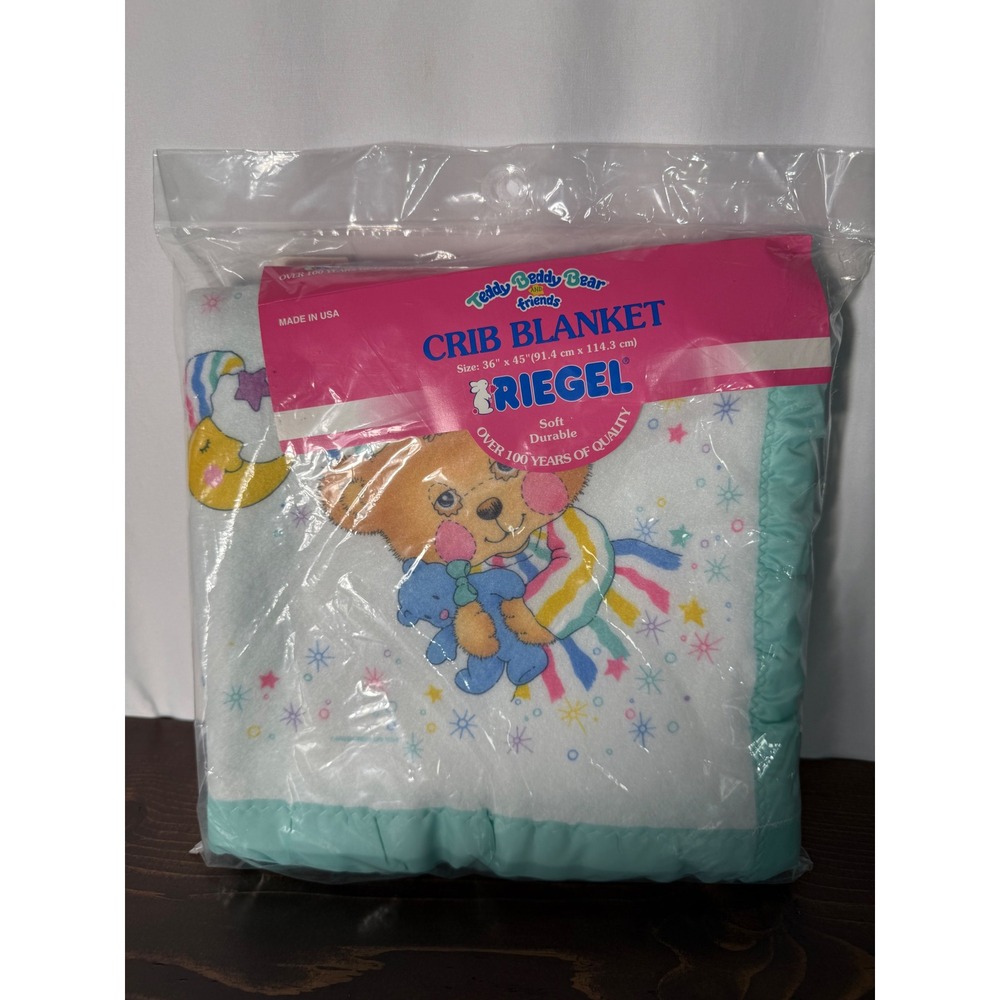 VTG Riegel Teddy Beddy Bear Friends Crib Blanket Satin / Nylon Trim 36x45 NEW